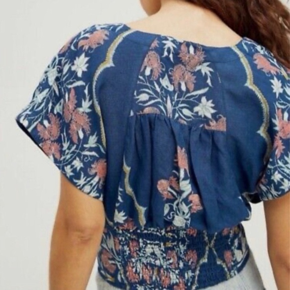 Free People Navy Floral Tie-Front V-Neck Top - Picture 2 of 8
